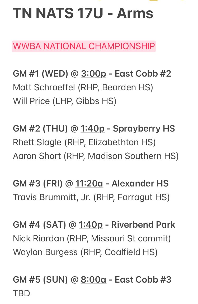 NATS Baseball (@tnnationalsbb) on Twitter photo PITCHING ROTATION
- - -
<a href="/PG_Tourney/">Perfect Game Tournaments</a> WWBA 17U National Championship in Atlanta, GA
#TNkids | #NATS
<a href="/PG_Tennessee/">Perfect Game Tennessee</a> <a href="/PG_Knoxville/">Perfect Game Baseball - Knoxville</a> PITCHING ROTATION
- - -
<a href="/PG_Tourney/">Perfect Game Tournaments</a> WWBA 17U National Championship in Atlanta, GA
#TNkids | #NATS
<a href="/PG_Tennessee/">Perfect Game Tennessee</a> <a href="/PG_Knoxville/">Perfect Game Baseball - Knoxville</a>