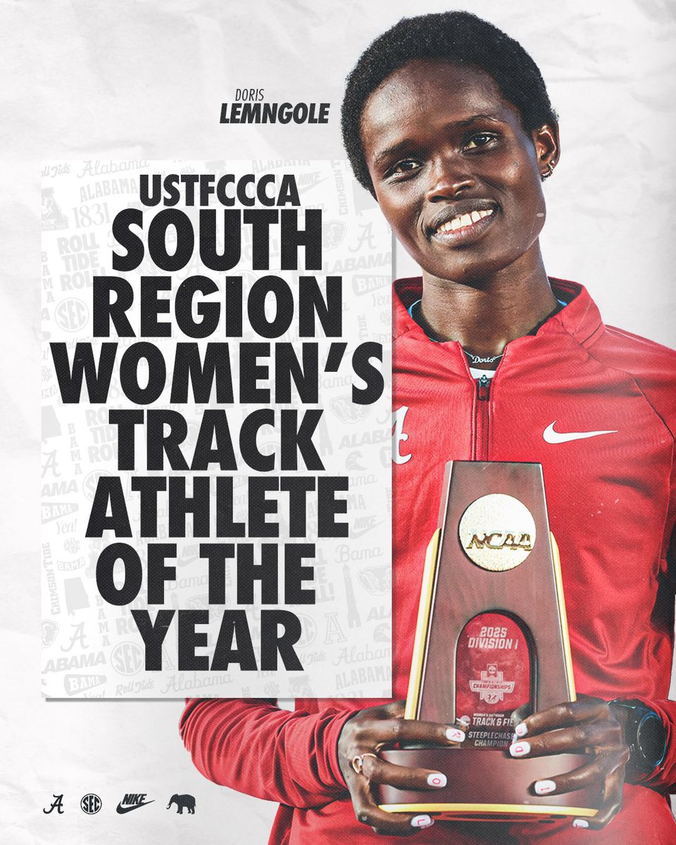 No surprise here.

South Region Women’s Athlete of Year for cross country
South Region Women’s Track Athlete of Year for indoor
South Region Women’s Track Athlete of Year for outdoor

Another sweep for Doris!

📰 bit.ly/44k1GKV

#RollTide