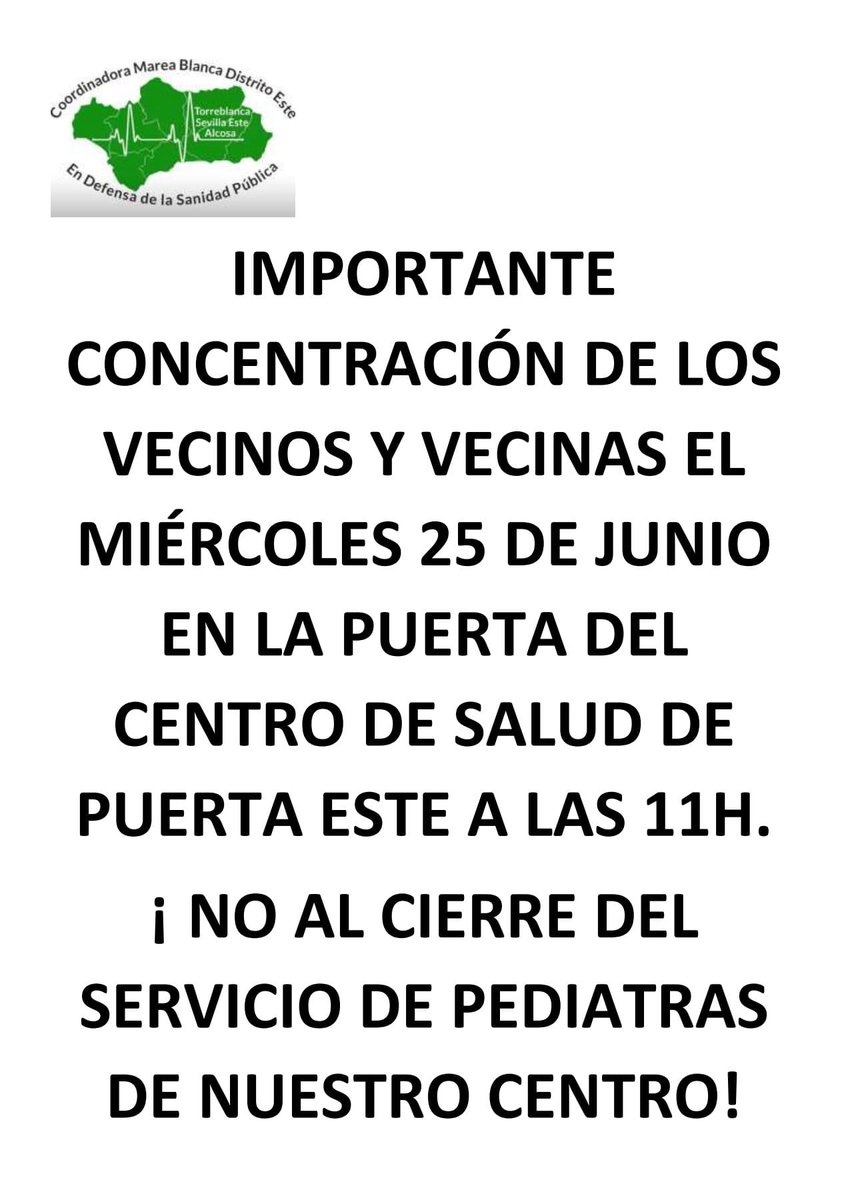 YanesJavi's tweet photo. Dejar sin pediatra a medio Sevilla Este es una barbaridad. Por estas cosas sí que nos deberíamos unir todos. O nos tomamos en serio la lucha por nuestra sanidad pública o nos la acabarán robando. https://t.co/Gtcg7JNWCp