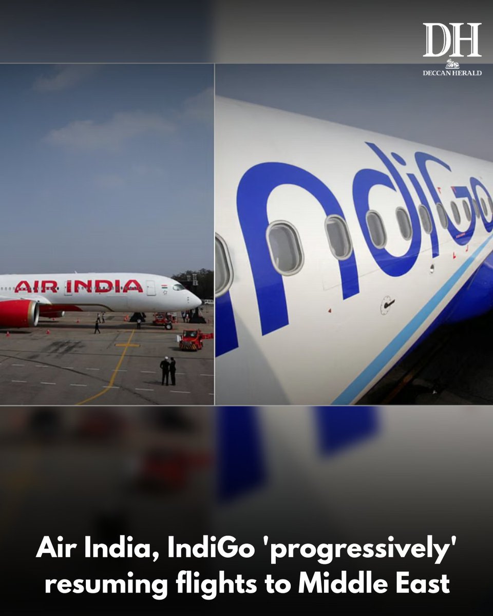 DeccanHerald's tweet photo. #AirIndia, #AirIndiaExpress and #IndiGo on Tuesday said they were "progressively" #resumingflights to the #MiddleEast as #airspaces are gradually reopening in some parts of the region.

https://t.co/rIXPHcsldh https://t.co/6ZUbxXHZSy