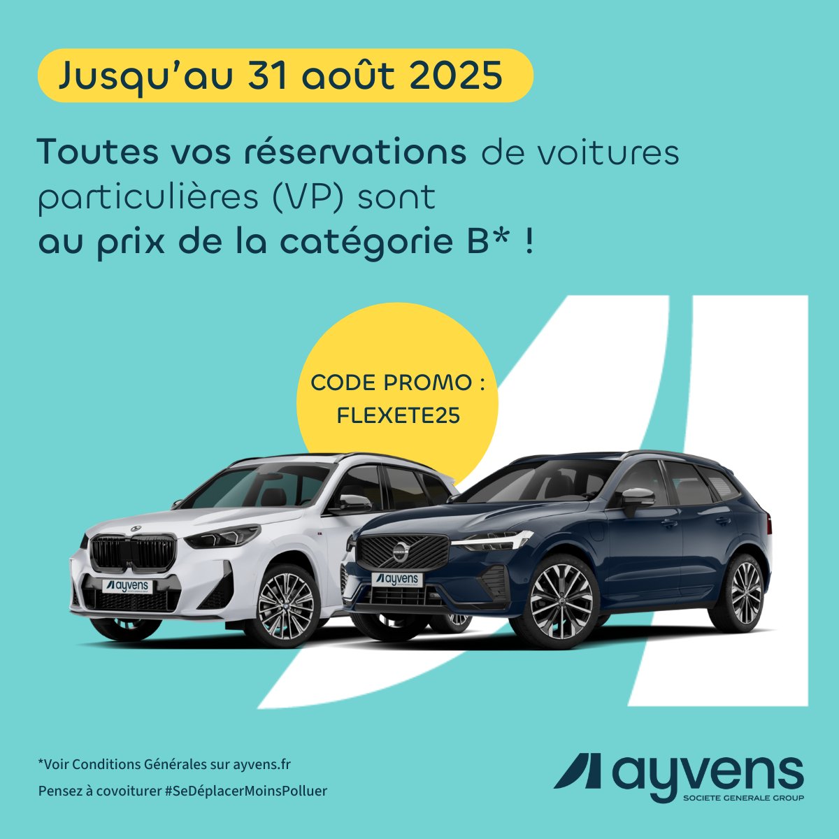Cet été, roulez avec Ayvens Flex au meilleur prix ! ☀️🚗

Jusqu'au 31 août 2025, tous les véhicules particuliers (y compris les modèles 100% électriques) sont proposés au tarif de la catégorie B.

Réservez dès maintenant avec le code "FLEXETE25" 👉 tinyurl.com/39cnzyf3