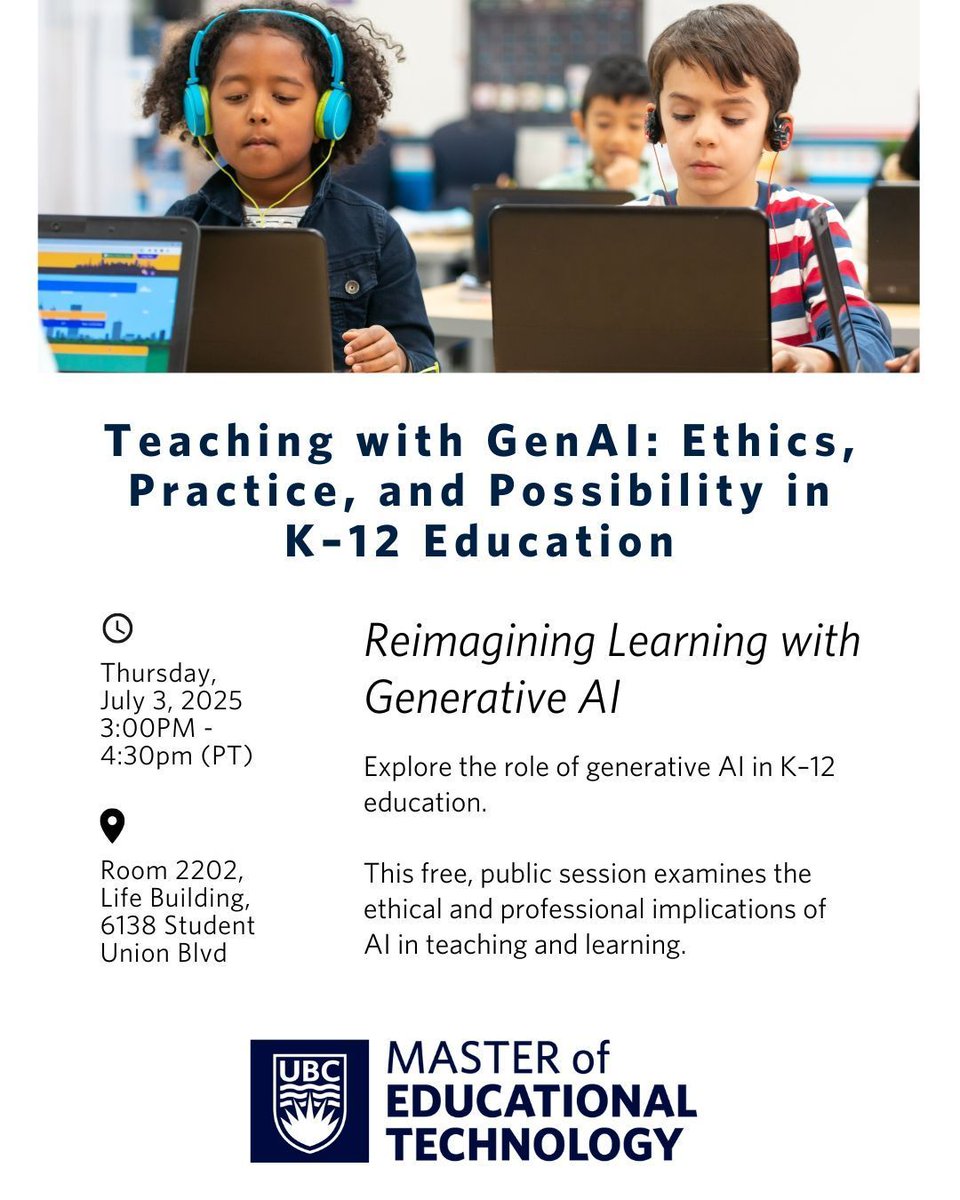 How is GenAI changing the classroom? What does it mean to teach ethically with AI?

Join us at UBC for an open session exploring how educators can navigate GenAI’s opportunities—and its challenges—in teaching and learning. 

📅 Thursday, July 3 | 🕒 3:00–4:30 PM PT |📍 UBC Life