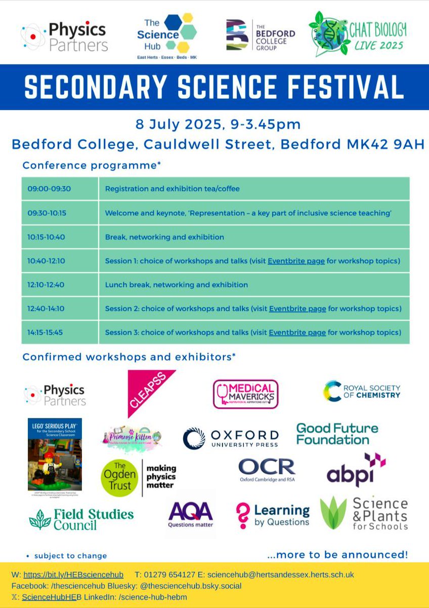 Chat Biology (@chatbiology) on Twitter photo Thanks for your input tonight, please keep on sharing!
Excitingly, it's only 2 weeks until our first ever #ChatBiologyLive talks as part of the <a href="/ScienceHubHEB/">The Science Hub East Herts Essex Beds & MK</a> Secondary Science Festival 📣
So many great sessions and an opportunity to engage with our awesome exhibitors! Thanks for your input tonight, please keep on sharing!
Excitingly, it's only 2 weeks until our first ever #ChatBiologyLive talks as part of the <a href="/ScienceHubHEB/">The Science Hub East Herts Essex Beds & MK</a> Secondary Science Festival 📣
So many great sessions and an opportunity to engage with our awesome exhibitors!