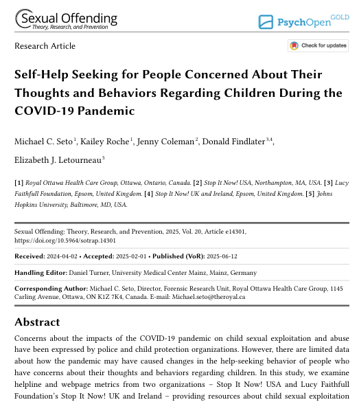 ⚠️New research findings about 

"Self-Help Seeking for People Concerned About Their Thoughts and Behaviors Regarding Children During the COVID-19 Pandemic"

Open access available here 👇
doi.org/10.5964/sotrap…