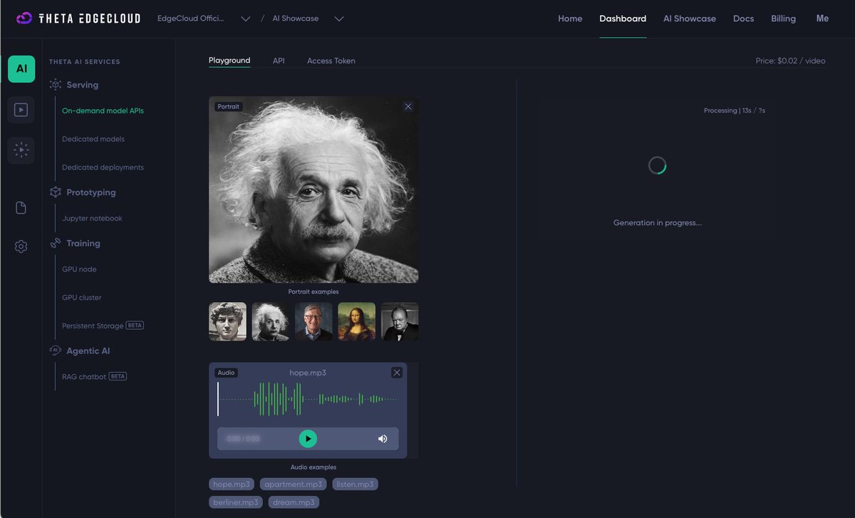 Jieyi Long | Theta Network (@jieyilong) on Twitter photo Just launched on <a href="/Theta_Network/">Theta Network</a> EdgeCloud: "Talking Head" now available via On-Demand Model APIs! Upload a portrait + voice clip → get a lifelike "talking head" video in seconds. Perfect for avatars, dubbing, or content creation. Experience now: thetaedgecloud.com/dashboard/ai/s… Just launched on <a href="/Theta_Network/">Theta Network</a> EdgeCloud: "Talking Head" now available via On-Demand Model APIs! Upload a portrait + voice clip → get a lifelike "talking head" video in seconds. Perfect for avatars, dubbing, or content creation. Experience now: thetaedgecloud.com/dashboard/ai/s…