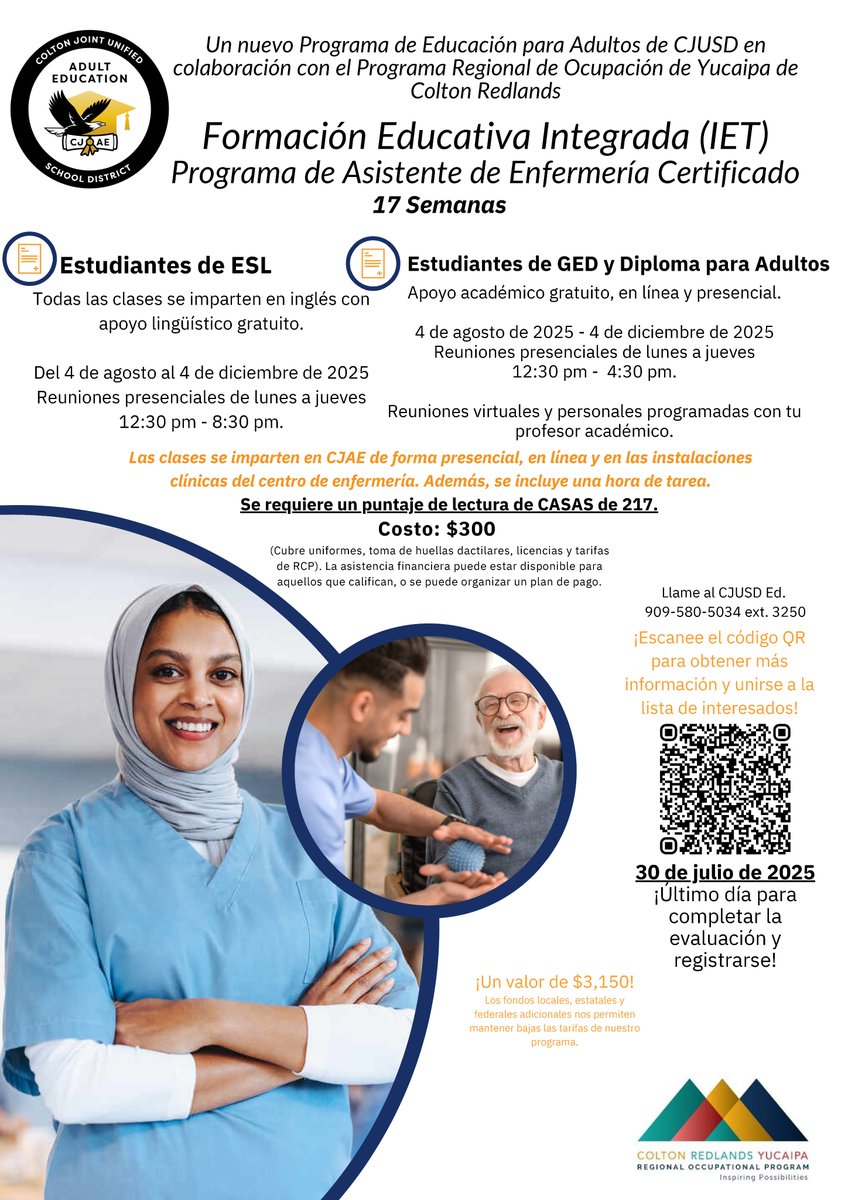 Formación Educativa Integrada (IET) Programa de Asistente de Enfermería Certificado