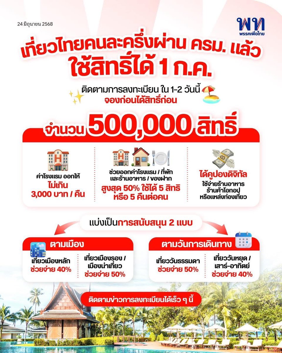 8899mMinana's tweet image. #เ📍 คืนนี้ลงทะเบียน &quot;เที่ยวไทยคนละครึ่ง&quot; เฉพาะในส่วนผู้ประกอบการ  ส่วนประชาชนรอ 1 ก.ค. 2568 
กำหนดจำนวน 5 แสนสิทธิ  ลงทะเบียน  
- เว็บไซต์ ททท. thai.tourismthailand.org/home 

#เที่ยวไทยคนละครึ่ง