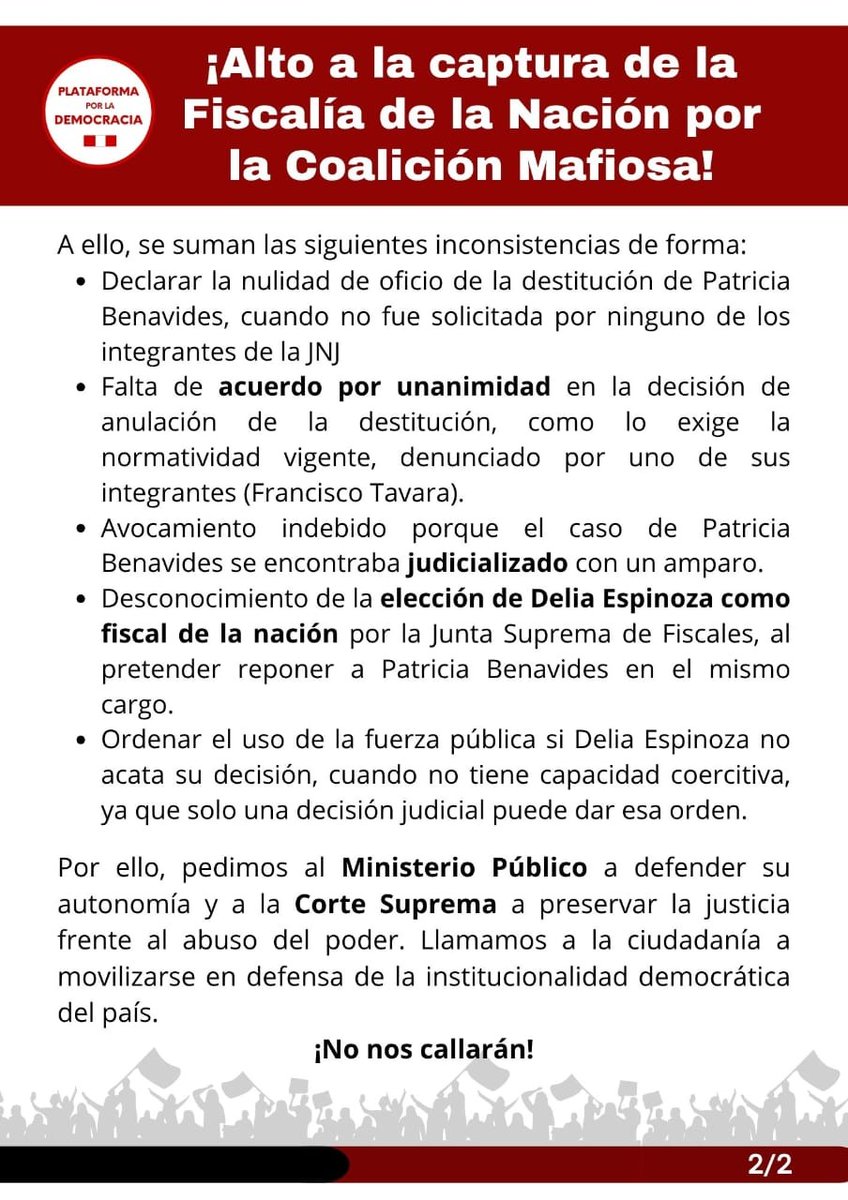 🔴 #Alerta | La JNJ busca imponer a Patricia Benavides como fiscal de facto para blindar a congresistas, exministros y hasta a la presidenta.
❌ No a la captura del Ministerio Público.
⚖ Exigimos a la Corte Suprema y a la <a href="/FiscaliaPeru/">Ministerio Público</a>  defender la justicia y su autonomía.