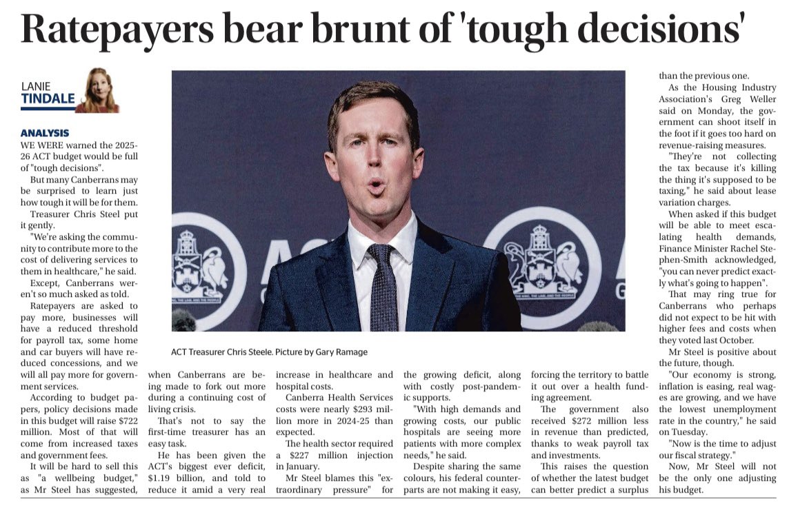 ElizabethLeeMLA's tweet image. The headline says it all.
All Canberra households will be doing it tougher with increases to rates, fees, and charges, plus a new $250 levy.
This is a government that can’t deliver essential healthcare without slugging you with a new tax for it.
@canberratimes
