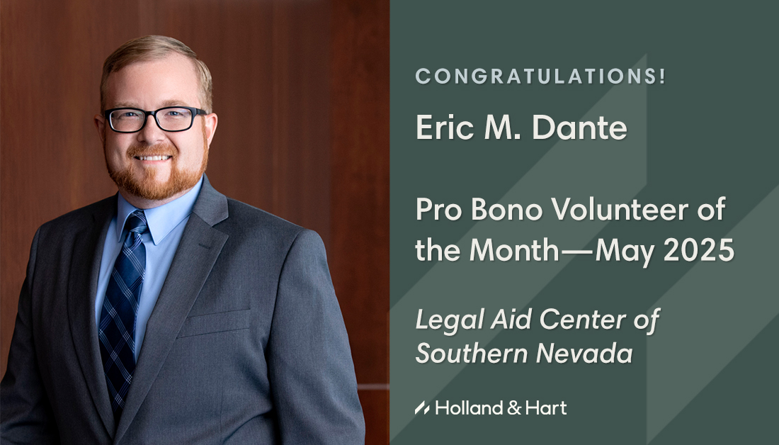 Holland & Hart LLP (@hollandhart) on Twitter photo Congratulations to Las Vegas corporate attorney Eric M. Dante for being recognized as the May 2025 Pro Bono Volunteer of the Month by <a href="/LegalAidSNV/">Legal Aid Center</a> for his hard work, dedication, and continued support of its #ProBono Project. Read more here: lacsnprobono.org/pro-bono-award… #GivingBack Congratulations to Las Vegas corporate attorney Eric M. Dante for being recognized as the May 2025 Pro Bono Volunteer of the Month by <a href="/LegalAidSNV/">Legal Aid Center</a> for his hard work, dedication, and continued support of its #ProBono Project. Read more here: lacsnprobono.org/pro-bono-award… #GivingBack