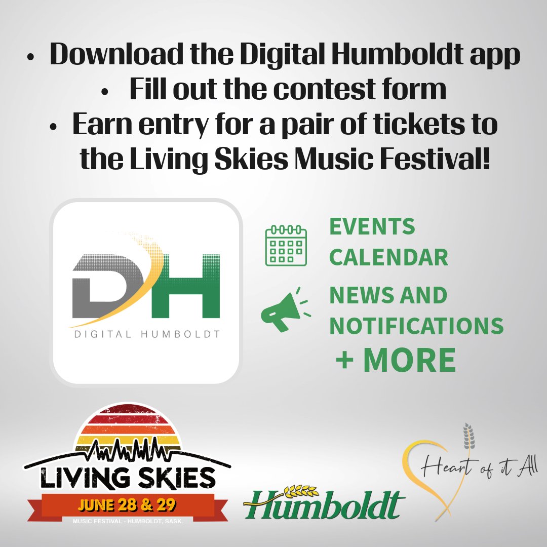 We’re giving away 7 pairs of VIP passes to the Living Skies Music Festival this weekend - and entering is EASY:

- Download the Digital Humboldt App
- Fill out the contest form in the app

Visit humboldt.ca/digital-humbol… or search Digital Humboldt in your app store!