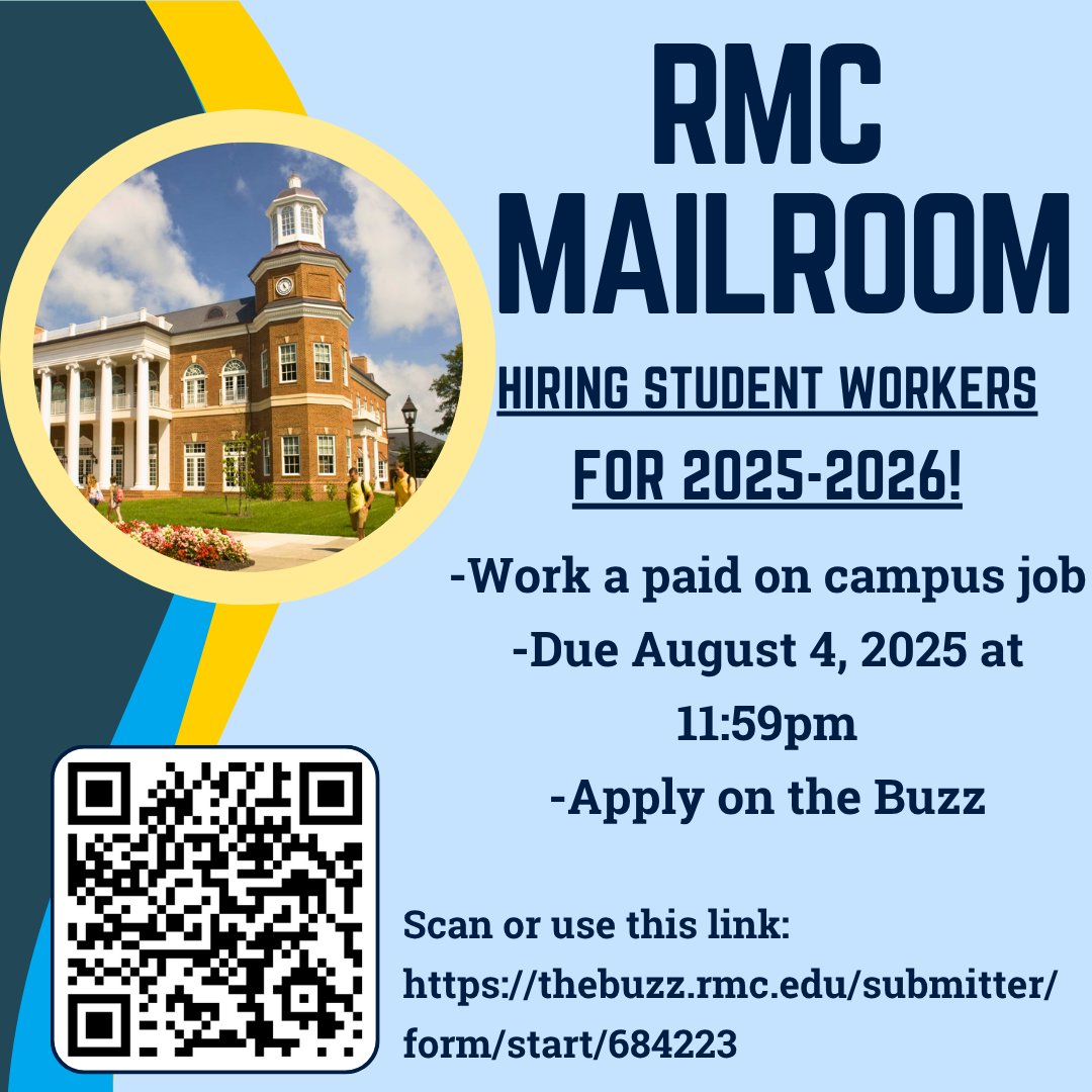 📬 Looking for a campus job? The Mailroom is hiring student workers for the 2025–2026 academic year! Gain valuable work experience and help keep campus running smoothly. Apply now on the Buzz — applications are due August 4!