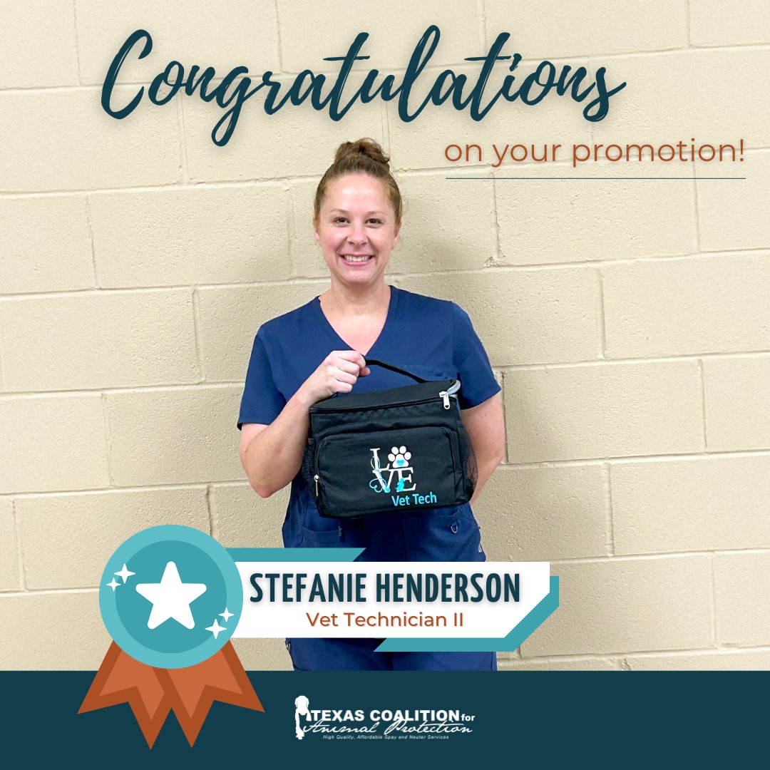 Congratulations to Stefanie for successfully completing her training &amp; being promoted to Vet Technician II !!

We're so lucky to have you on our team. Keep up all of your hard work!!🎉

#TexasForThem #TCAPSpayNeuter #DFWSpayNeuter #LowCostPetCareDFW #DallasPetWellness