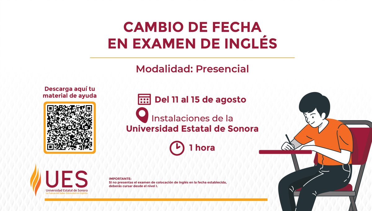 📢 Estudiante de nuevo ingreso UES:
El examen de inglés se reprogramó del 11 al 15 de agosto 🗓
📍 Preséntalo en la unidad donde solicitaste ingreso
⏰ En el horario asignado por el sistema (duración: 1 hr)

#NuevoIngreso #AvisoUES #SomosBerrendos