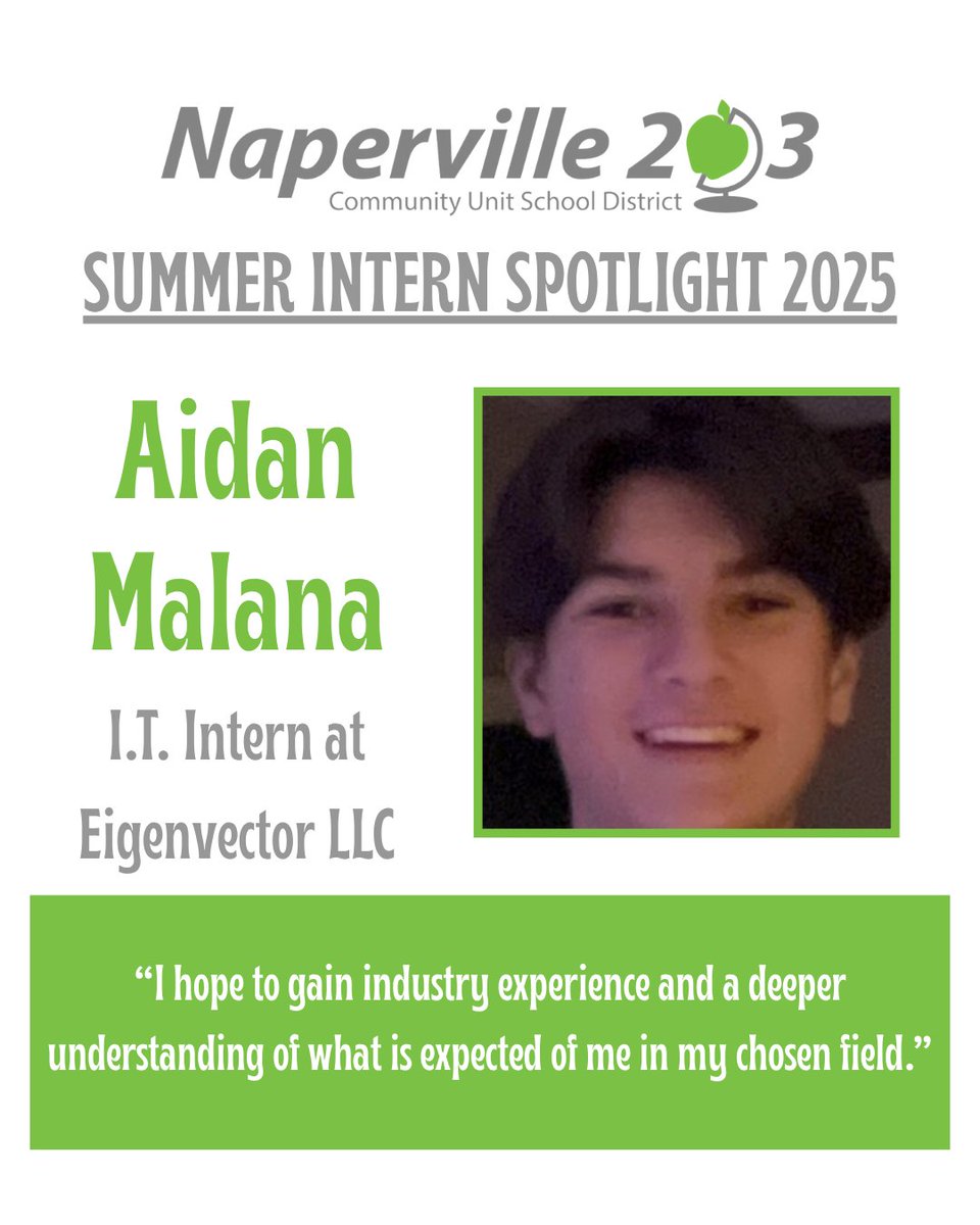 Naperville203's tweet image. Meet Aidan, our enthusiastic I.T. intern at Eigenvector LLC! 🌟 He’s on a journey to discover what the workforce is truly like, eager to meet talented individuals in the field and learn from their stories. #Elevate203