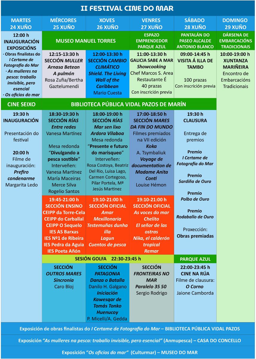 Mañán mércores dia 25 estarei en Marín ( Pontevedra ), no Festival de Cine do Mar, a partir das 18:30, na Biblioteca Pública, Vidal Pazos. Proxectarase "Entre redes", de  Vanesa Martínez, un pequeno corto sobre como é o noso traballo tras as cámaras e as redes sociais. 

👉