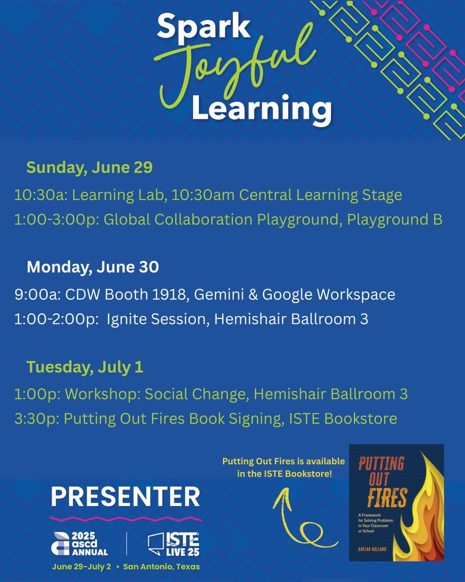 HollandKaylah's tweet photo. Hey @ISTEofficial crew! I'm thrilled to be part of the community next week. You can find me chatting about problem solving, global education, juvenile justice education, student agency, and more! 

Also, grab a copy of #puttingoutfires at the #ISTELive + #ASCDAnnual bookstore! https://t.co/R1kyTNXKRa