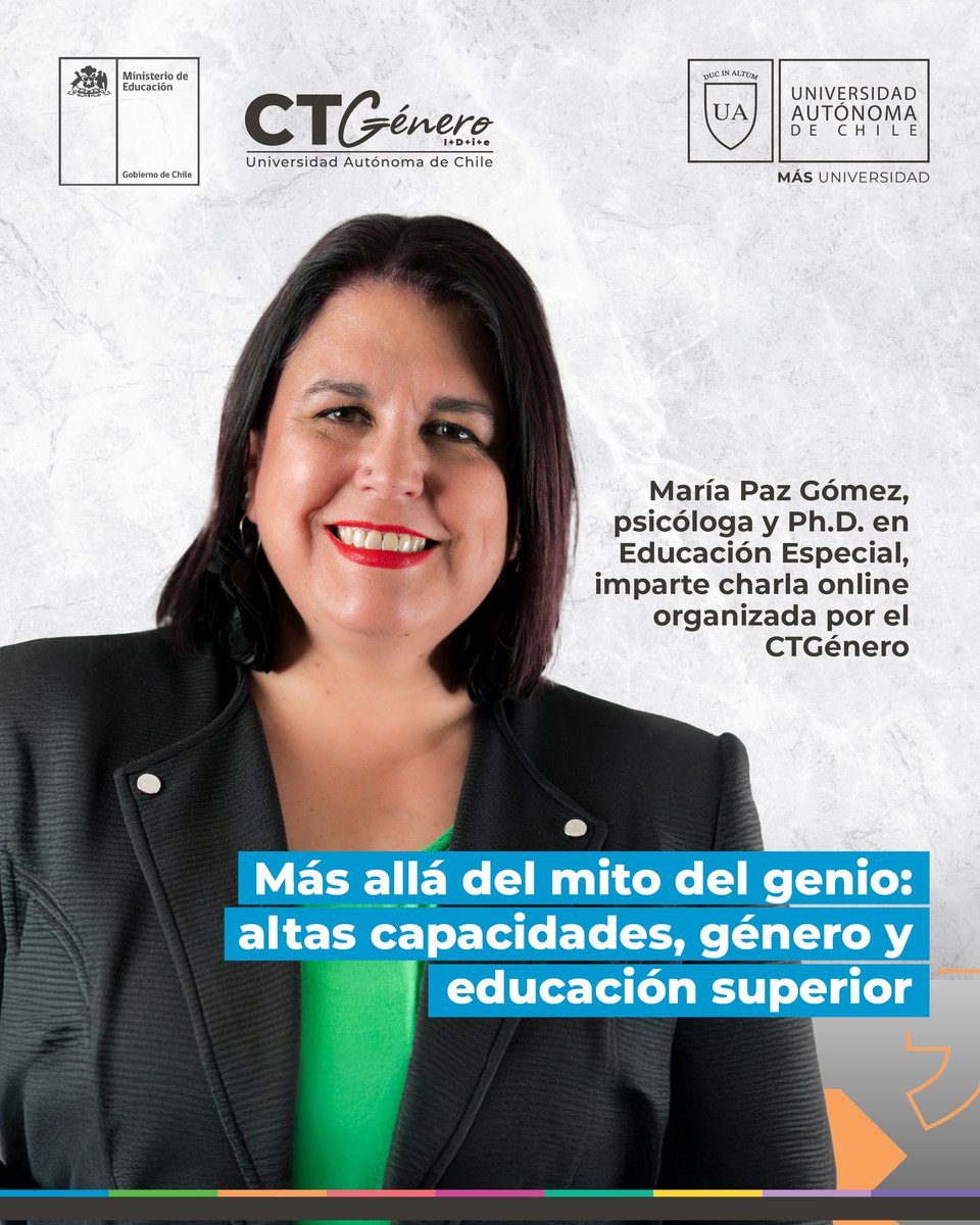 InES Género - CTGénero (@genero_vrid) on Twitter photo #CTGénero ♀️ A principios de junio, el Centro para la Transversalización de Género en I+D+i+e de la <a href="/autonomadechile/">Universidad Autónoma de Chile</a>, financiado por el <a href="/Mineduc/">Ministerio de Educación</a>, realizó la charla online “Más allá del mito del genio: altas capacidades, género y educación superior”.
➡️ uautonoma.cl/noticias/charl… #CTGénero ♀️ A principios de junio, el Centro para la Transversalización de Género en I+D+i+e de la <a href="/autonomadechile/">Universidad Autónoma de Chile</a>, financiado por el <a href="/Mineduc/">Ministerio de Educación</a>, realizó la charla online “Más allá del mito del genio: altas capacidades, género y educación superior”.
➡️ uautonoma.cl/noticias/charl…