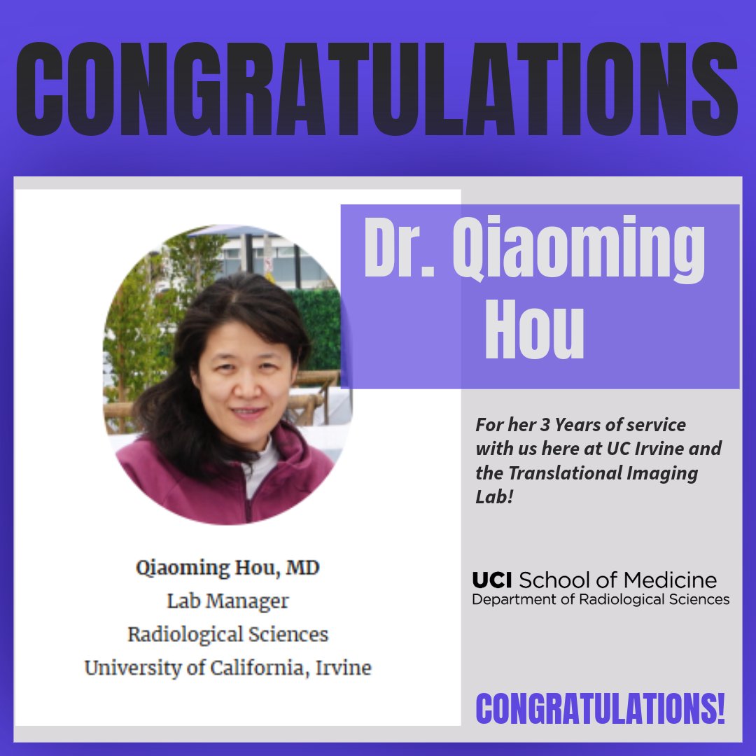 UCI Radiology (@uciradiology) on Twitter photo Congratulations to Dr. Qiaomin Hou for her 3 Years of Service as the Lab Manager for Translational Imaging Labs. Thank you for all your hard work and dedication over the years! Join us in celebrating her great accomplishment!
#UCI #Service <a href="/TIZhangLab/">Translational Imaging Lab</a> Congratulations to Dr. Qiaomin Hou for her 3 Years of Service as the Lab Manager for Translational Imaging Labs. Thank you for all your hard work and dedication over the years! Join us in celebrating her great accomplishment!
#UCI #Service <a href="/TIZhangLab/">Translational Imaging Lab</a>