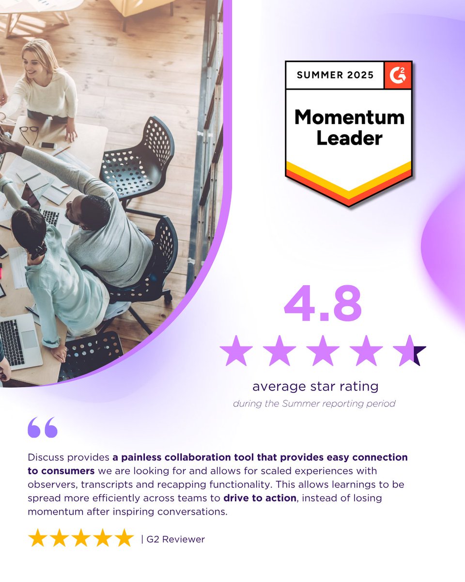 discuss_io's tweet image. Discuss has once again been named a Momentum Leader by @G2dotcom .

We’re proud to be setting the pace in our industry. And even prouder to be doing it alongside the customers who push us forward.

#G2 #MomentumLeader #VideoFeedback #UserResearch #ResearchTech #CustomerInsights