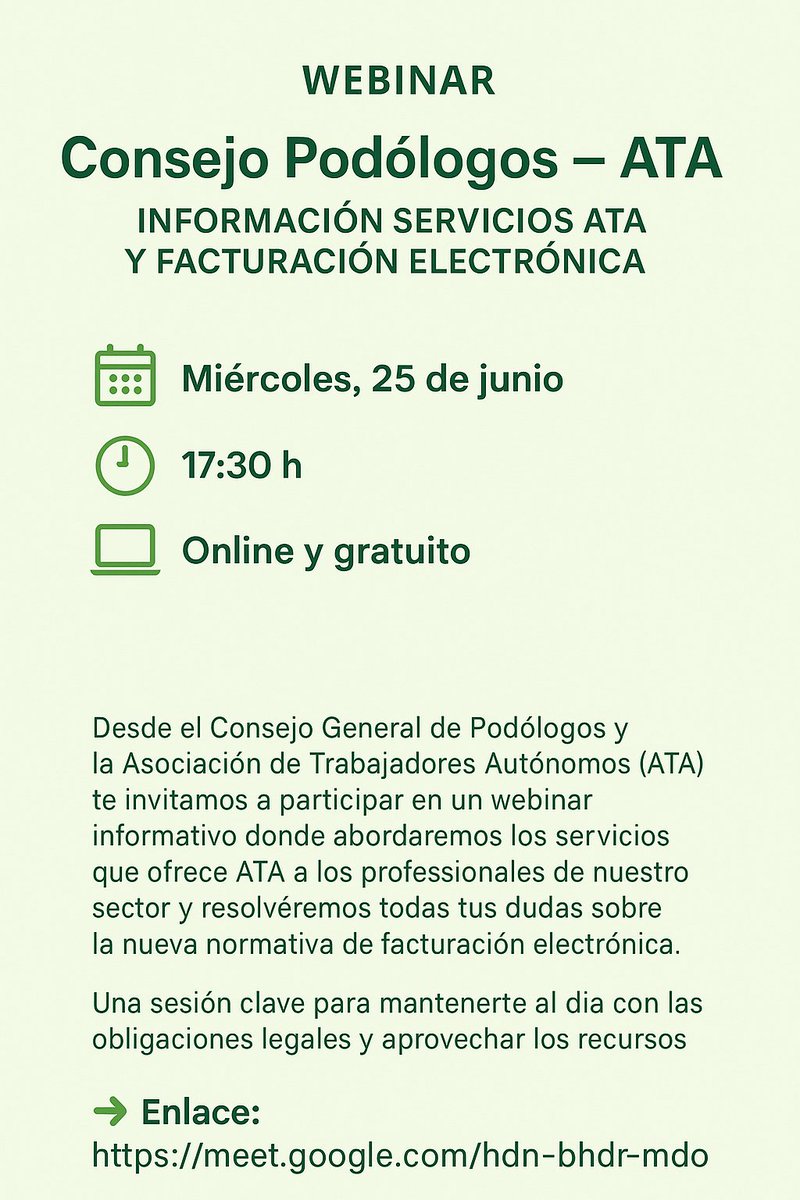 Consejo General de Colegios Oficiales de Podólogos (@cgpodologos) on Twitter photo ¡Webinar <a href="/CGPodologos/">Consejo General de Colegios Oficiales de Podólogos</a> – <a href="/autonomosata/">Fed. Autónomos 𝗔𝗧𝗔</a>!
Información Servicios ATA y Facturación Electrónica
📅 Miércoles, 25 de junio
🕙 17:30 h
💻 Online y gratuito
👉 Enlace: meet.google.com/hdn-bhdr-mdo ¡Webinar <a href="/CGPodologos/">Consejo General de Colegios Oficiales de Podólogos</a> – <a href="/autonomosata/">Fed. Autónomos 𝗔𝗧𝗔</a>!
Información Servicios ATA y Facturación Electrónica
📅 Miércoles, 25 de junio
🕙 17:30 h
💻 Online y gratuito
👉 Enlace: meet.google.com/hdn-bhdr-mdo