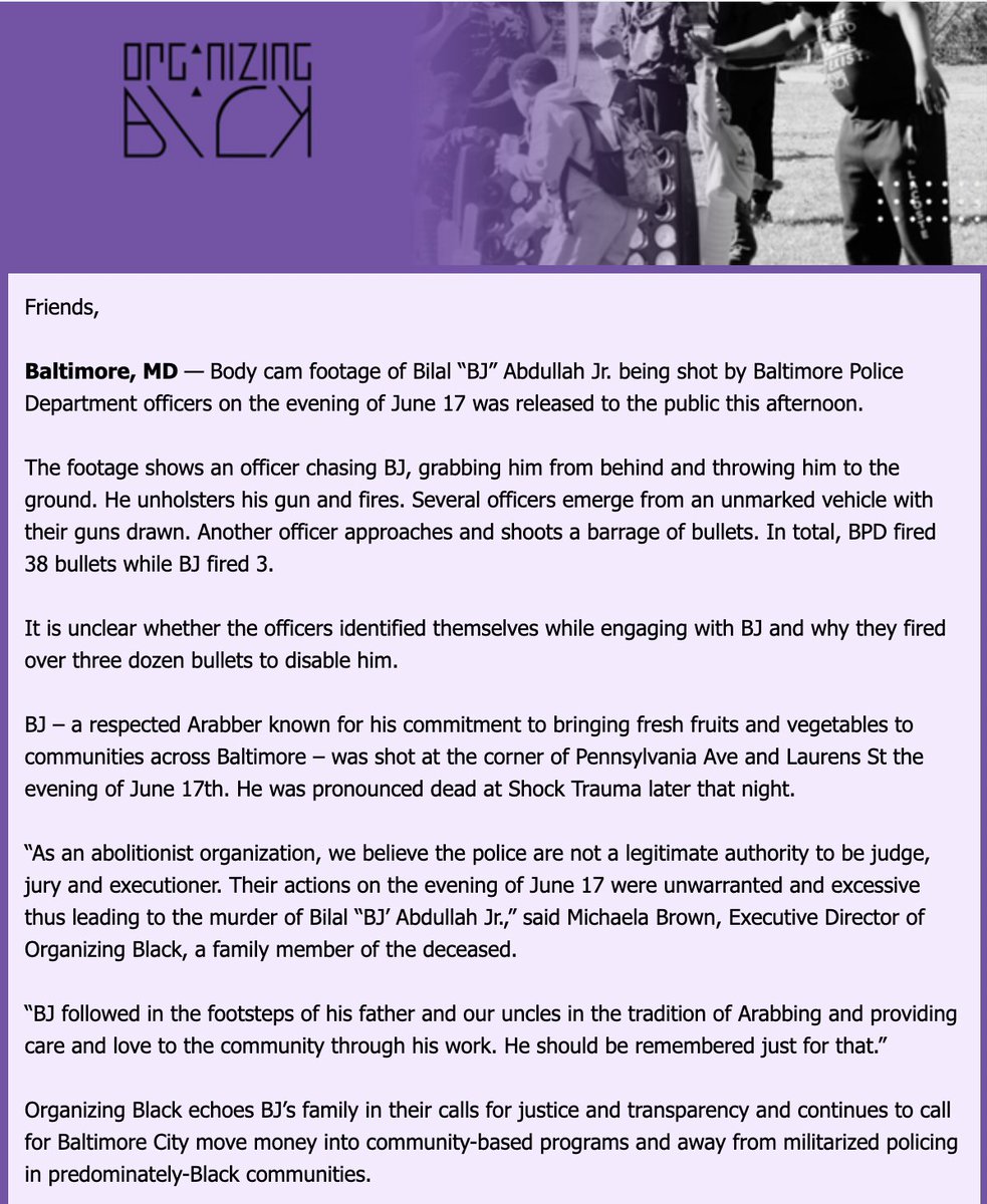 Our statement on the body cam footage released showing #BJAbdullah's killing by BPD. #JusticeforBJ #JusticeforTheFruitMan