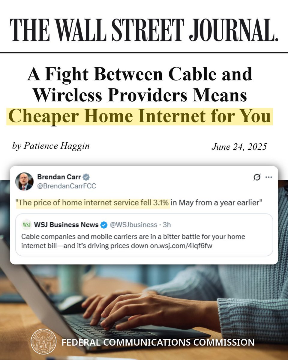 FCC's tweet image. More Competition 🖥️ = Lower Prices 📉 = Money in Your Pocket 💵 

Win. Win. Win. 🤝