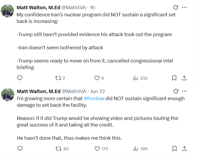 I was right along about about the strikes on Iran and #Fordow. 

“The US military strikes on three of Iran’s nuclear facilities last weekend did not destroy the core components of the country’s nuclear program and likely only set it back by months" Initial US Intel Assessment