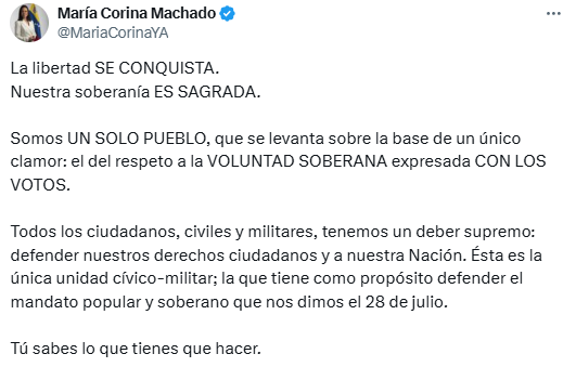 #EsNoticia 🇻🇪 "La libertad se conquista": María Corina Machado recordó que todos los ciudadanos tienen el deber de defender la nación  

📲Más en EVTV.online