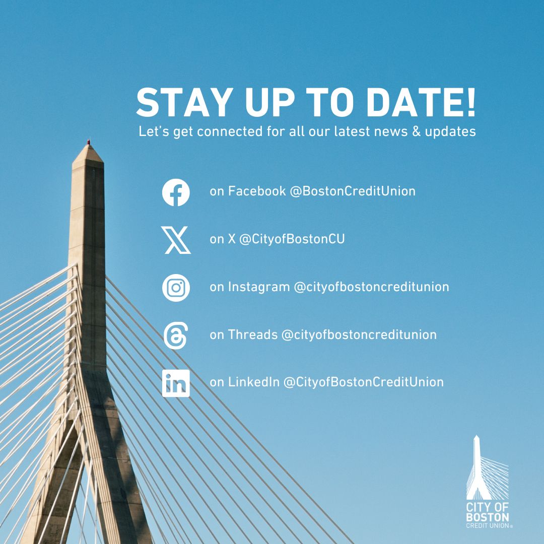 Stay up to date and never miss a thing! Follow all of our social media #channels for #news, #announcements, and #offerings, including our new Threads account!

linkedin.com/company/city-o…
facebook.com/BostonCreditUn…
x.com/CityofBostonCU
instagram.com/cityofbostoncr…