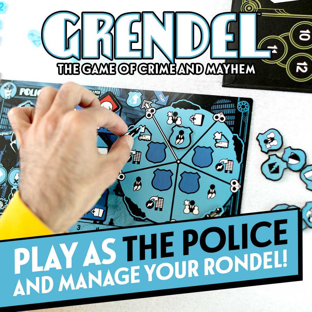 Move your cars around the rondel, activating your abilities, and arresting other tokens to get upgrades!  Grendel launches on Kickstarter on July 1. Sign up to be reminded on launch here: kickstarter.com/projects/mindm…