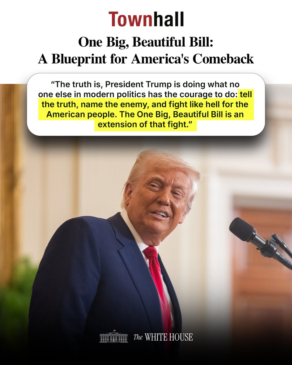 The White House (@whitehouse) on Twitter photo “The truth is, <a href="/POTUS/">President Donald J. Trump</a> is doing what no one else in modern politics has the courage to do: tell the truth, name the enemy, and fight like hell for the American people. The One Big, Beautiful Bill is an extension of that fight.”
PASS THE ONE BIG BEAUTIFUL BILL 🇺🇸 “The truth is, <a href="/POTUS/">President Donald J. Trump</a> is doing what no one else in modern politics has the courage to do: tell the truth, name the enemy, and fight like hell for the American people. The One Big, Beautiful Bill is an extension of that fight.”
PASS THE ONE BIG BEAUTIFUL BILL 🇺🇸
