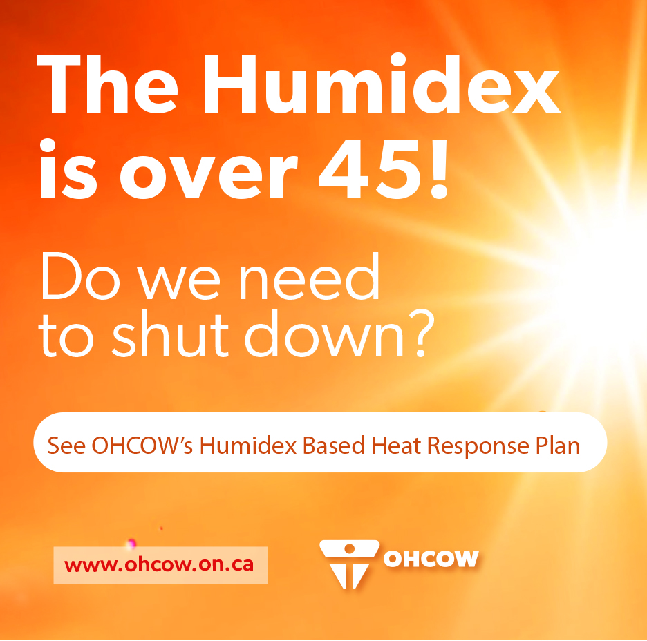 The Humidex is over 45! Do We need to Shut Down? If you aren't sure when the heat and humidity warrants shutting down work and activities, consult OHCOW's Humidex Based Heat Response Plan. It includes time weighted average humidex calculations &amp; more!    bit.ly/40lH6Zg