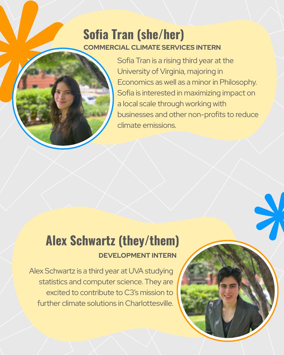 c3climate's tweet image. We’re excited to have an energetic team of college interns and fellow joining C3 for the summer! 🌱 Take a moment to learn more about their interests and help us give them a warm welcome! 💚
#YoungClimateLeaders #InternSpotlight #FellowSpotlight #YouthClimateAction