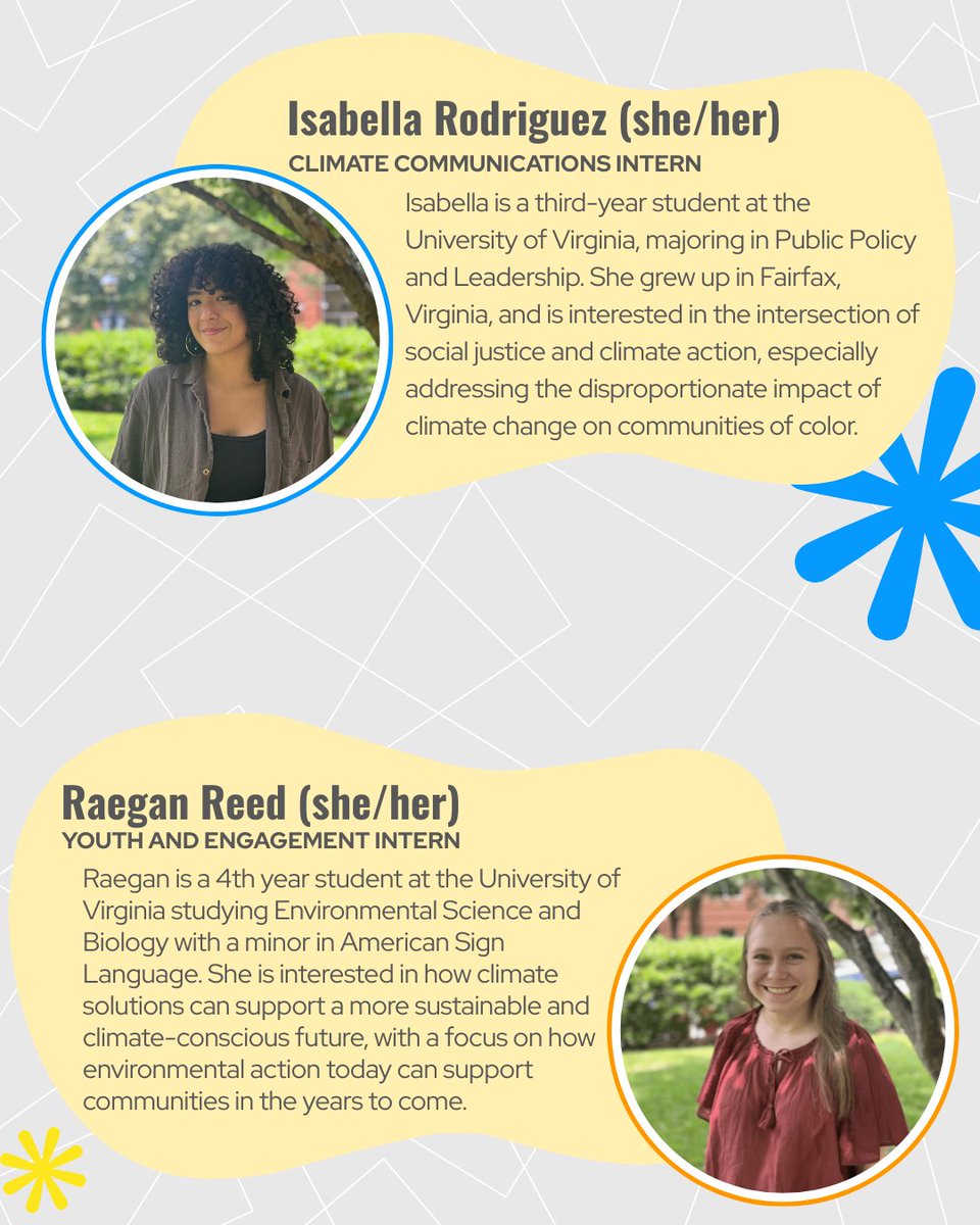 c3climate's tweet image. We’re excited to have an energetic team of college interns and fellow joining C3 for the summer! 🌱 Take a moment to learn more about their interests and help us give them a warm welcome! 💚
#YoungClimateLeaders #InternSpotlight #FellowSpotlight #YouthClimateAction
