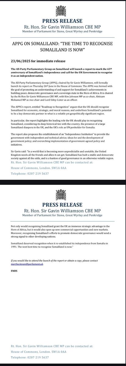 UK Parliamentary Group Says: ‘The Time to Recognise Somaliland Is Now’

London – June 23, 2025 | The All-Party Parliamentary Group (APPG) on Somaliland, chaired by Sir Gavin Williamson CBE MP, has issued a powerful call urging the UK Government to officially recognise Somaliland