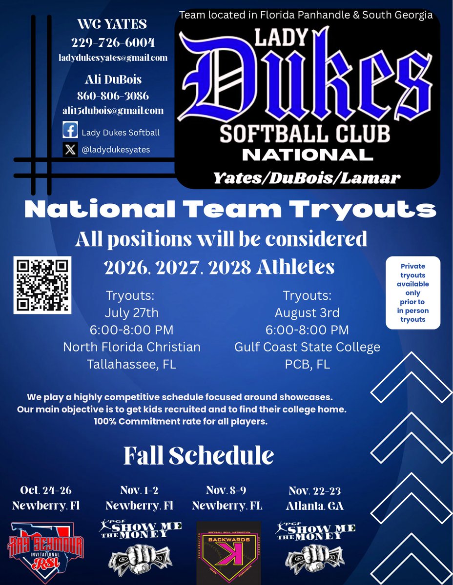 Lady Dukes National-Yates/Dubois/ Lamar 🔥 
Join a top level program that has a proven track record of getting players to the next level! 
2026, 2027, 2028 
All positions needed with a heavy emphasis on pitching 
<a href="/ChrisKincaid44/">Chris Kincaid</a> <a href="/alidubois_/">Ali DuBois</a>