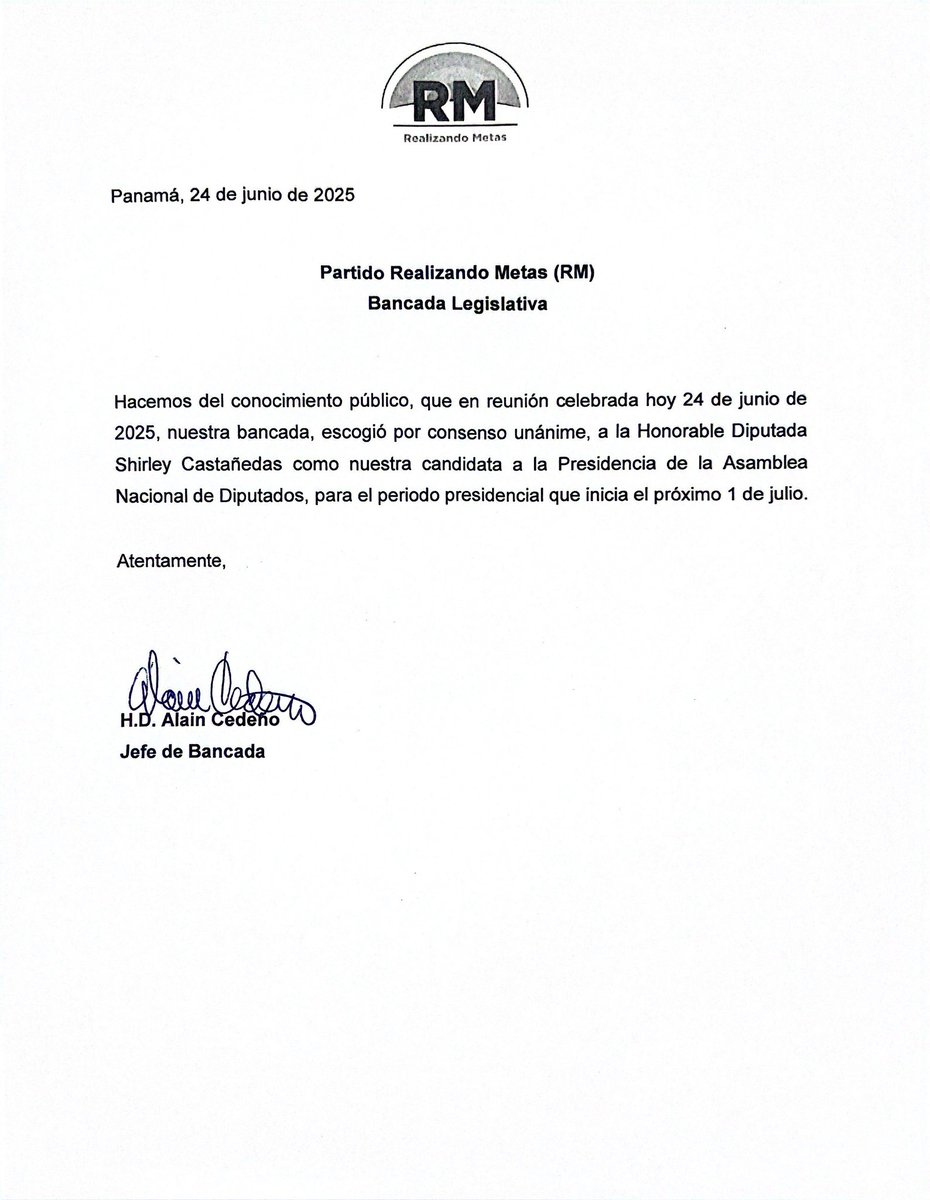 La diputada Shirley Castañeda, es la candidata de Realizando Metas (RM), a la Presidencia de la Asamblea Nacional, el 1 de julio de 2025.