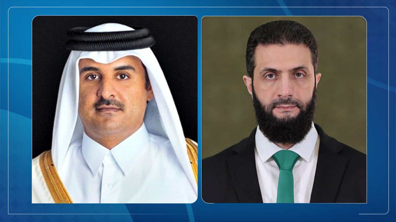الرئيس أحمد الشرع يجري اتصالاً هاتفياً مع أمير دولة قطر الشيخ تميم بن حمد آل ثاني ويعرب خلاله عن تضامن سوريا مع قطر ورفضها القاطع لأي اعتداء يهدد أمنها وسلامتها ويقوض أمن واستقرار المنطقة 