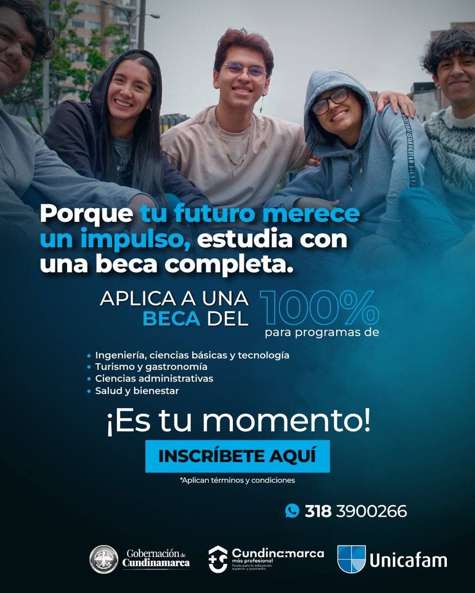 ¡Tu futuro merece un impulso! Estudia con una beca del 💯% en Unicafam gracias al apoyo de la <a href="/CundinamarcaGob/">Gobernación de Cundinamarca</a>  y #MásProfesional.

📌 ¡Es tu momento de avanzar con todo!
Inscríbete ya y haz realidad tu sueño profesional.