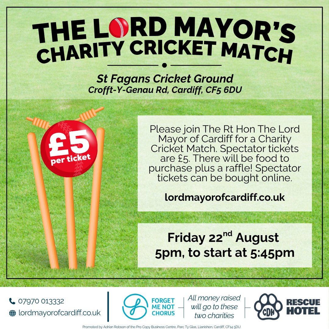 Jayne Cowan MBE (@jaynecowan) on Twitter photo I am looking forward to the Lord Mayor's Charity Cricket Match which is being organised by a number of Councillors which include The Deputy Lord Mayor, Councillor Michael Michael, <a href="/Sean4Llandaff/">Sean Driscoll</a>, Ed Stubbs, <a href="/PEBradbury/">Peter Bradbury</a> and <a href="/DilwarAliLAB/">Cllr Dilwar Ali</a>.
Spectator tickets are just £5. There will I am looking forward to the Lord Mayor's Charity Cricket Match which is being organised by a number of Councillors which include The Deputy Lord Mayor, Councillor Michael Michael, <a href="/Sean4Llandaff/">Sean Driscoll</a>, Ed Stubbs, <a href="/PEBradbury/">Peter Bradbury</a> and <a href="/DilwarAliLAB/">Cllr Dilwar Ali</a>.
Spectator tickets are just £5. There will
