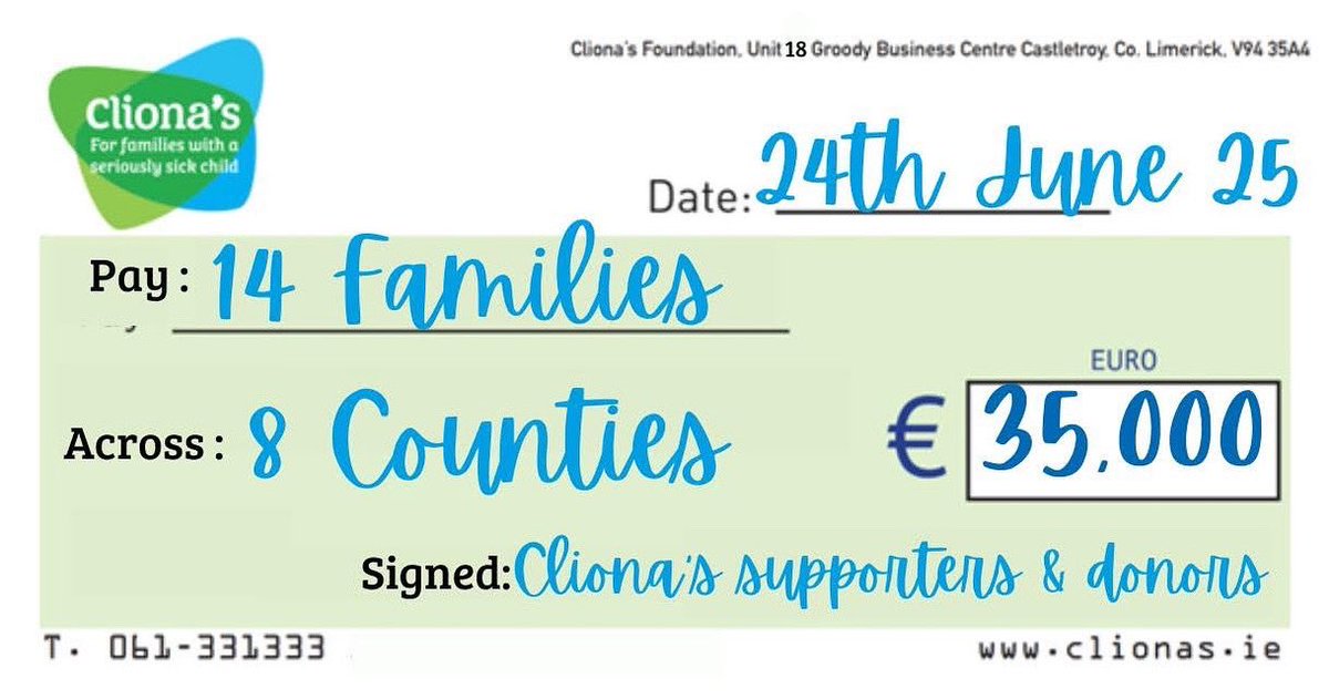 Cliona’s (@clionasfdn) on Twitter photo Delivery on route to 14 families across 8 Counties this evening 🏡
A total of €35,000 to help alleviate some of the financial pressure these families are under in addition to dealing with their child's diagnosis & care.💙
Thank you to all for making this possible 👏 Delivery on route to 14 families across 8 Counties this evening 🏡
A total of €35,000 to help alleviate some of the financial pressure these families are under in addition to dealing with their child's diagnosis & care.💙
Thank you to all for making this possible 👏