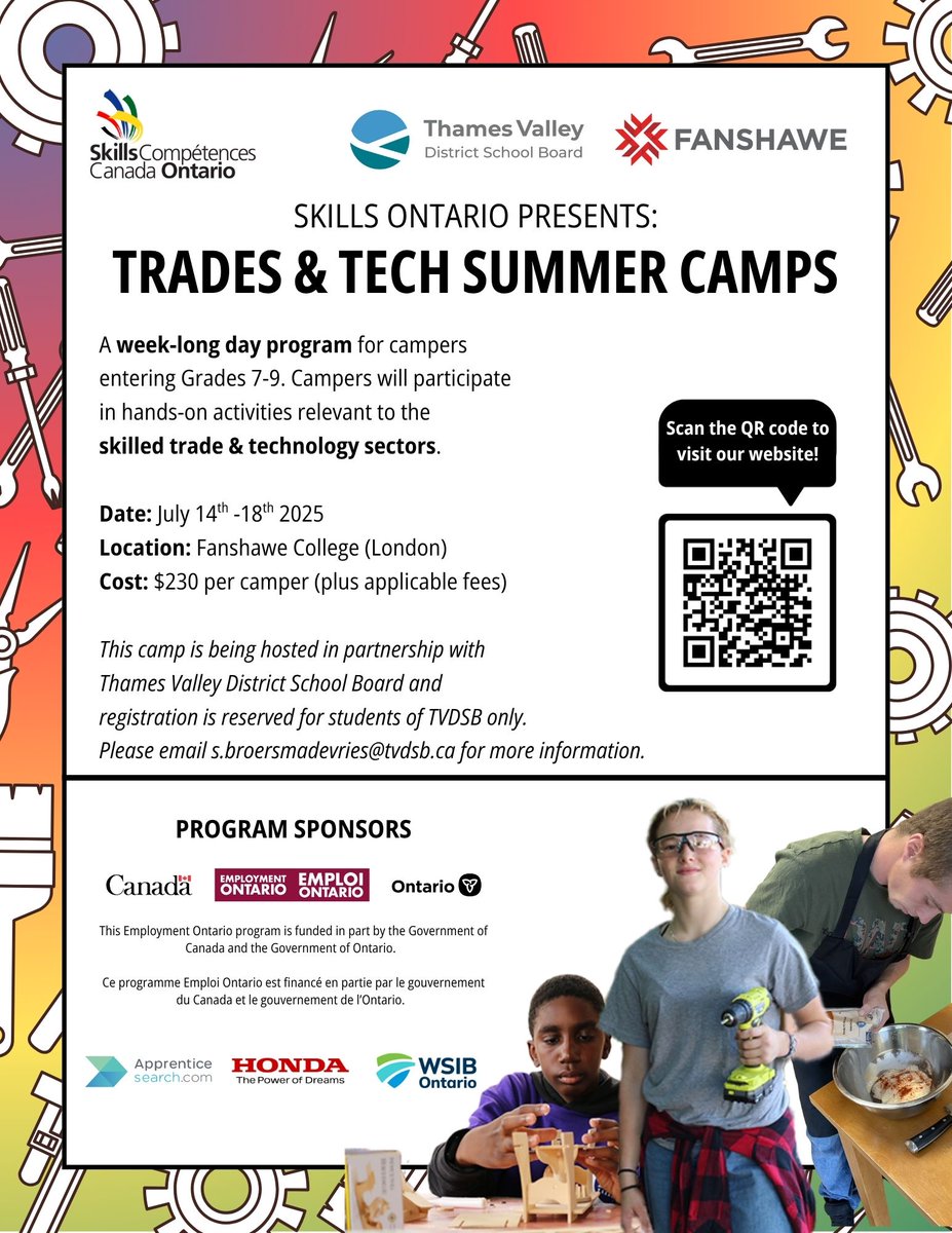 Thames Valley is partnering with Skills Ontario &amp; Fanshawe College to provide a week-long day program for campers entering Grades 7-9. Campers will participate in hands-on activities relevant to the skilled trades and tech sectors. Learn more &amp; register: ow.ly/jB1550WfzM4