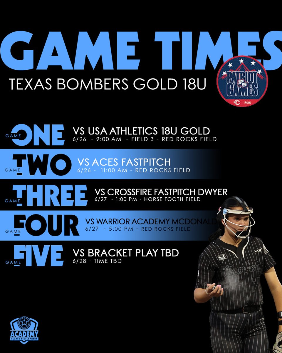 Texas Bombers Gold 18u (@txbombersgold18) on Twitter photo Check out our game times for the 2025 P5 Patriot Games!
<a href="/bombers_academy/">Bombers Academy</a> Check out our game times for the 2025 P5 Patriot Games!
<a href="/bombers_academy/">Bombers Academy</a>