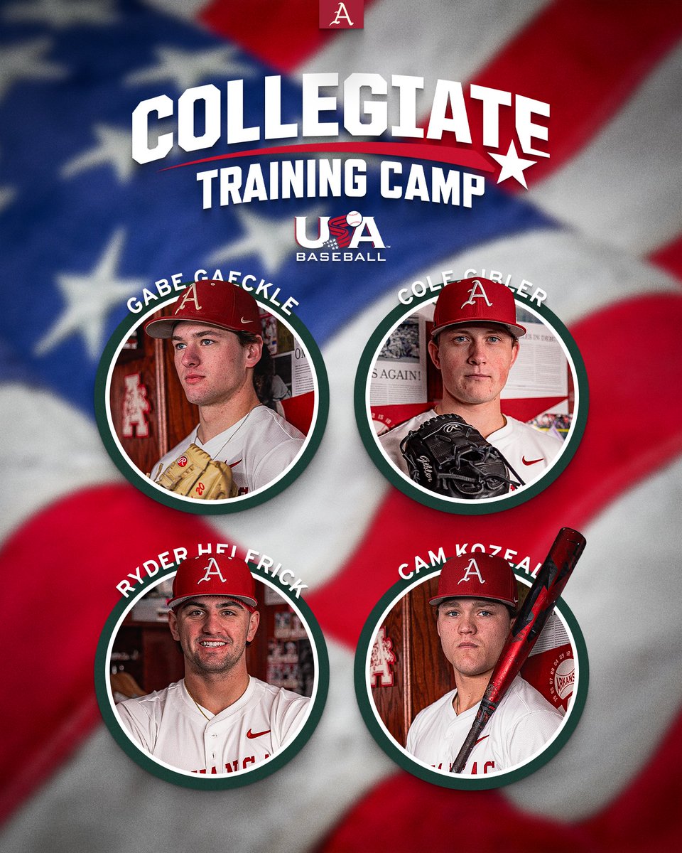 Arkansas Baseball (@razorbackbsb) on Twitter photo Reppin' the red, white & blue πΊπΈ
Four Hogs - Gabe Gaeckle, Cole Gibler, Ryder Helfrick & Cam Kozeal - are off to <a href="/USABaseballCNT/">USA Baseball CNT</a> Training Camp! Reppin' the red, white & blue πΊπΈ
Four Hogs - Gabe Gaeckle, Cole Gibler, Ryder Helfrick & Cam Kozeal - are off to <a href="/USABaseballCNT/">USA Baseball CNT</a> Training Camp!