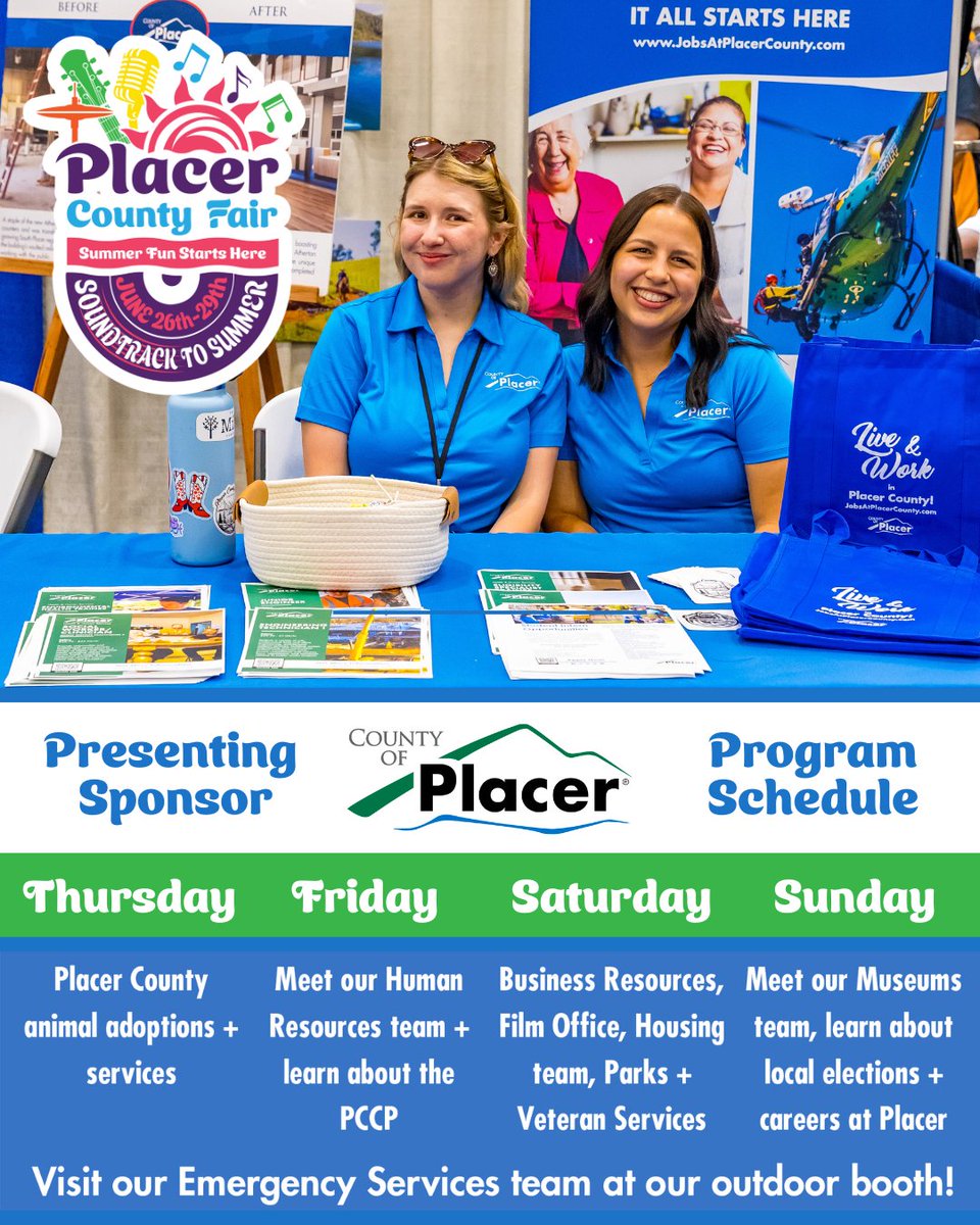 🐾 Jobs, trails, trivia &amp; $5 pet adoptions?! Don’t miss <a href="/PlacerCA/">Placer County</a>, Presenting Sponsor of the 2025 Placer County Fair, June 26-29 in Roseville.

Come say hi, explore, and learn something new.

🎟️ Tickets and info at PlacerCountyFair.org

#placercounty #rosevilleca #fairgrounds