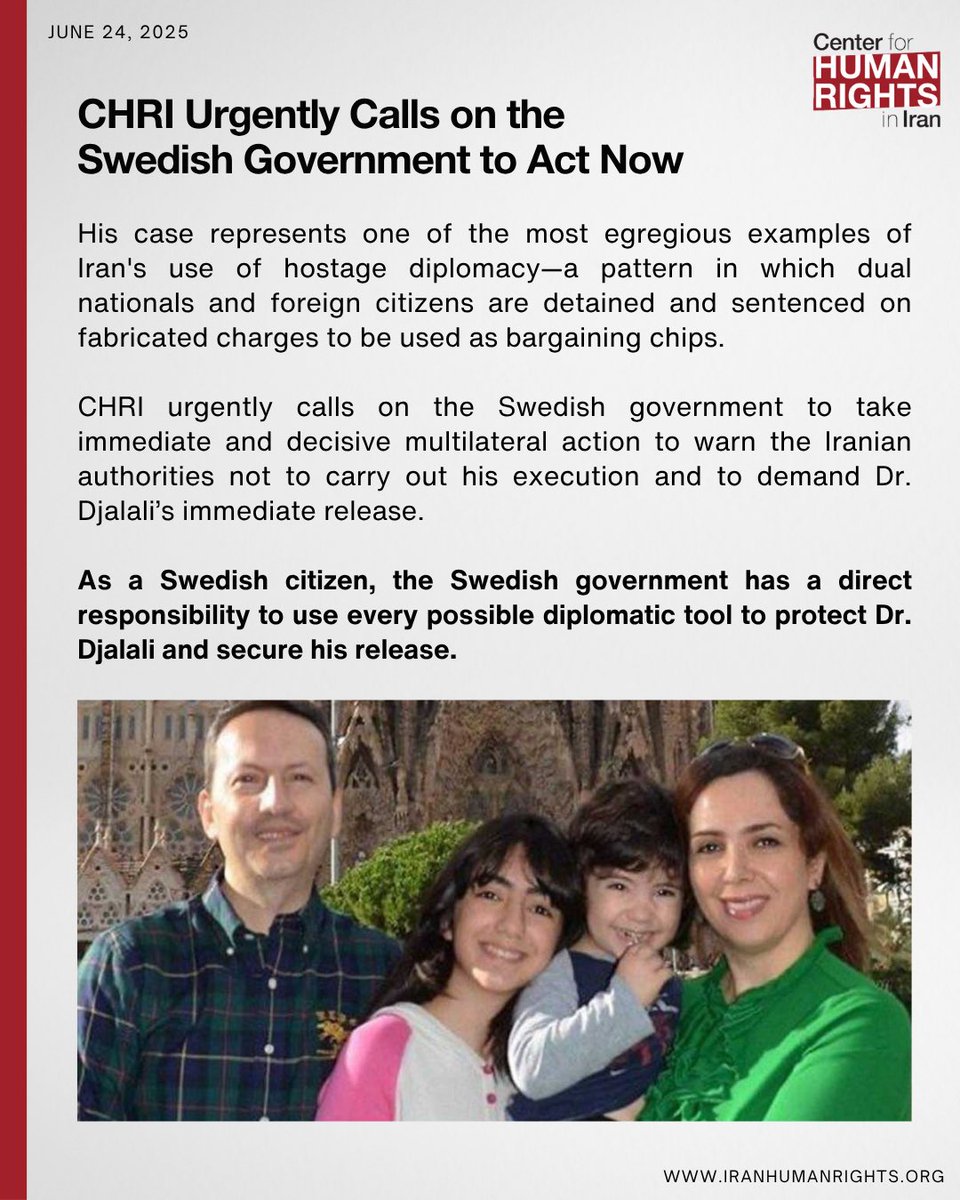 ICHRI's tweet image. We are gravely alarmed by reports that Dr. Ahmadreza Djalali, a Swedish-Iranian doctor and academic sentenced to death in Iran, was transferred to an undisclosed location today, raising fears that Iranian authorities may be preparing to carry out his unlawful execution.
For…