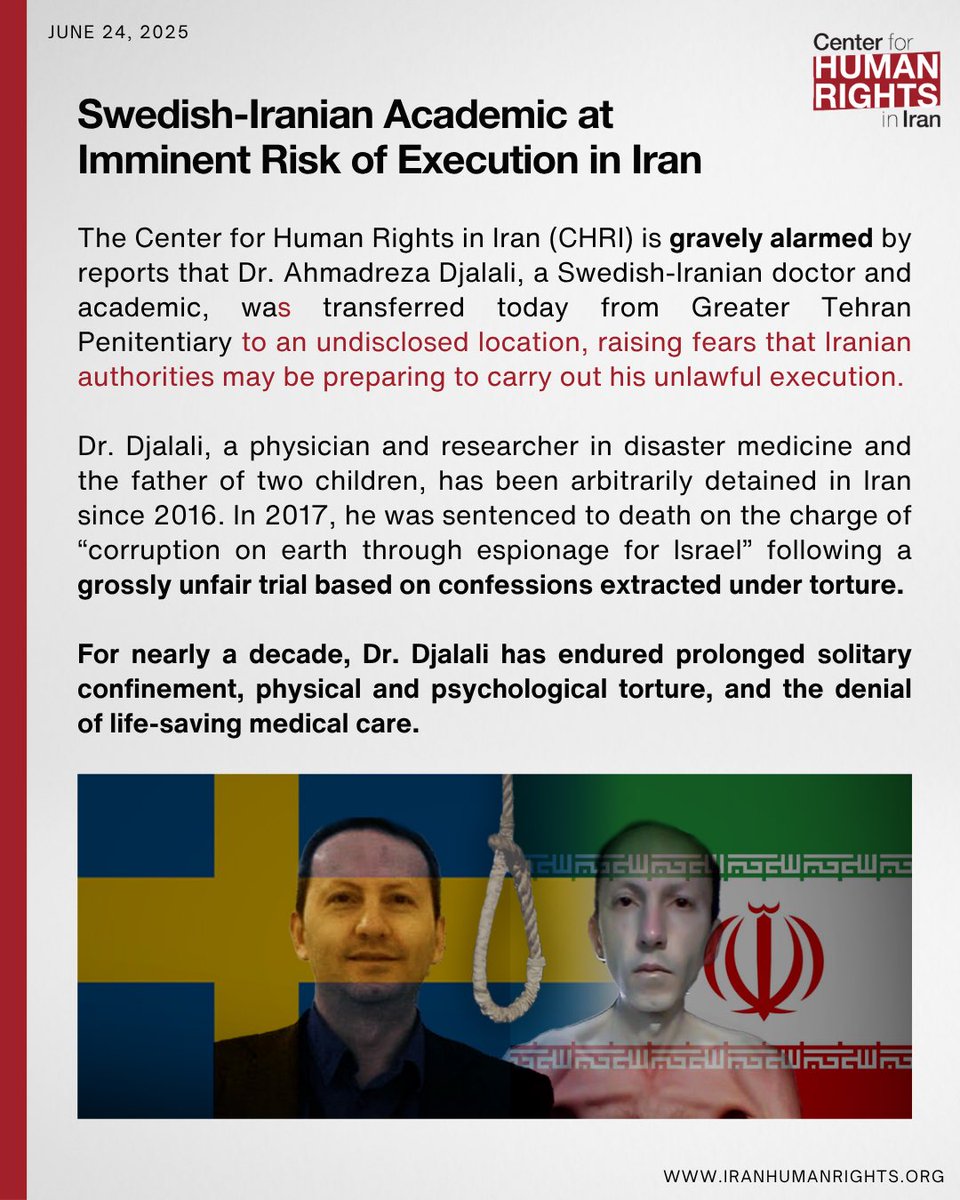 ICHRI's tweet image. We are gravely alarmed by reports that Dr. Ahmadreza Djalali, a Swedish-Iranian doctor and academic sentenced to death in Iran, was transferred to an undisclosed location today, raising fears that Iranian authorities may be preparing to carry out his unlawful execution.
For…