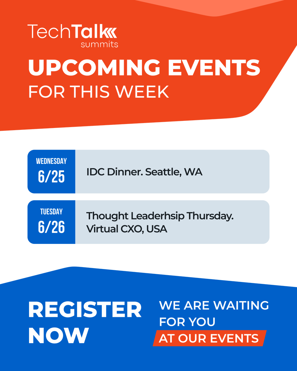 techtalksummits's tweet image. Good afternoon from #TechTalkSummits! Coming up this week:

6/25 - Wednesday - IDC Dinner - Seattle, WA
6/26 - Thursday - Virtual Thought Leadership Thursday

It&apos;s not too late to join! Register with the links below:

IDC Dinner - Seattle:
hubs.li/Q03ts5gy0

Thought…