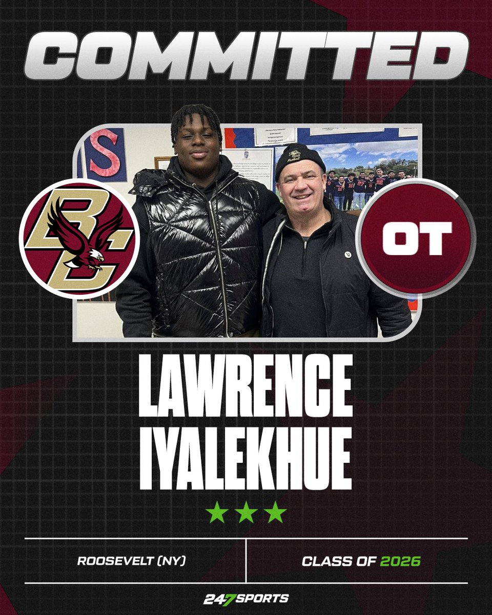 Eagle Insider (@bceagleinsider) on Twitter photo Boston College continued to bolster their Class of 2026 and their offensive line, adding a commitment from Lawrence Iyalekhue (<a href="/LawrenceIyalekh/">Lawrence Iyalekhue</a>) from Yonkers, NY:
247sports.com/college/boston… Boston College continued to bolster their Class of 2026 and their offensive line, adding a commitment from Lawrence Iyalekhue (<a href="/LawrenceIyalekh/">Lawrence Iyalekhue</a>) from Yonkers, NY:
247sports.com/college/boston…